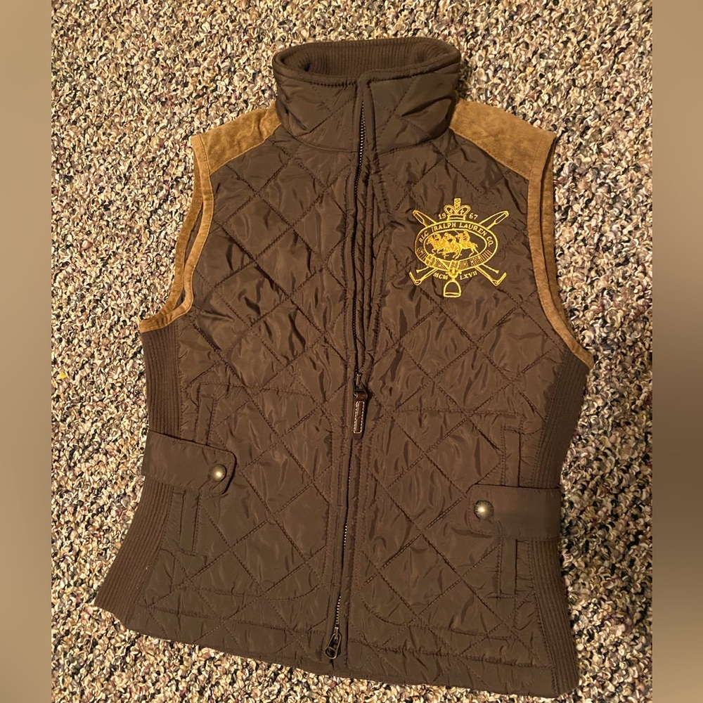 Ralph Lauren Gold and Brown Quilted Vest with Stand-Up Collar